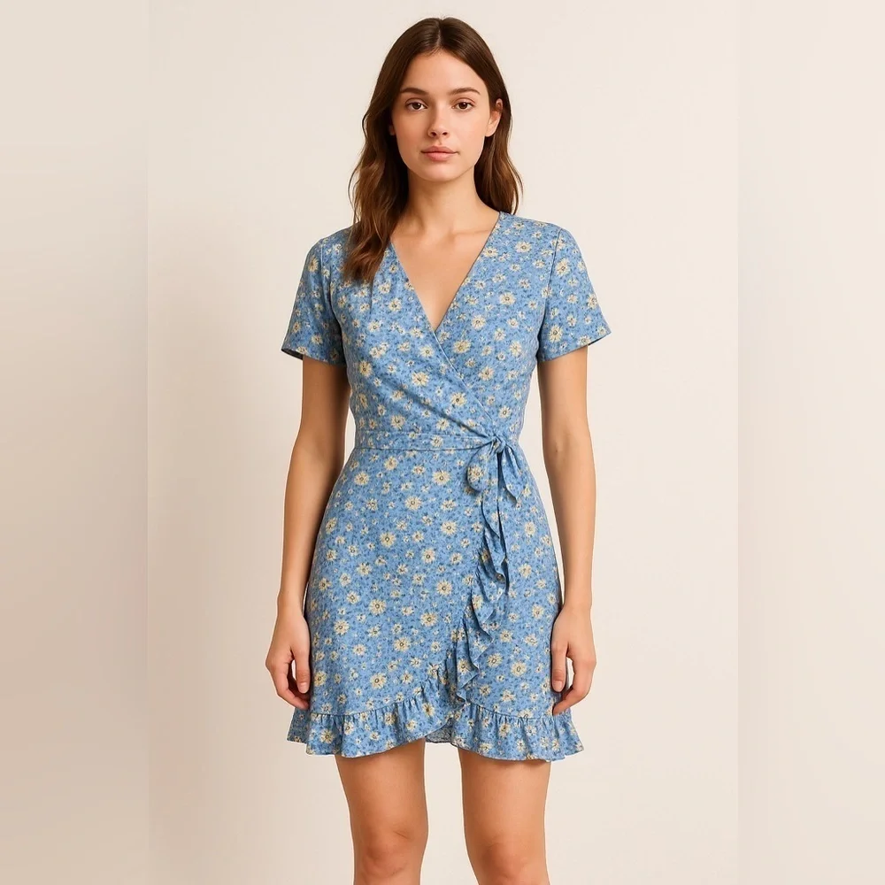 Primark Ditzy Floral Ruffle Wrap Mini Dress Cottegecore Coquette Beach Coastal 8